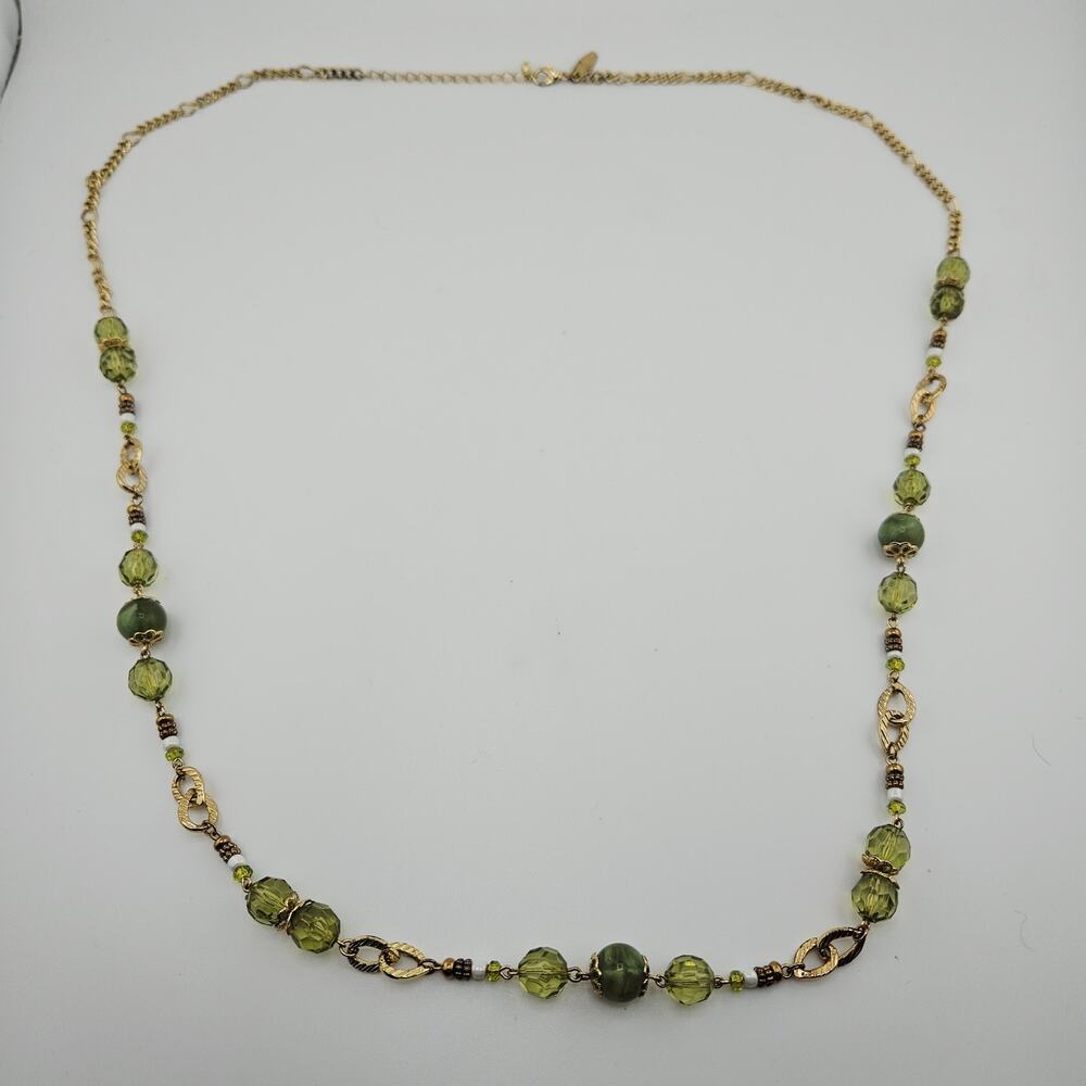 Gold Tone Chain Necklace Olive Green Tone Crystal Crystals Fairycore NY Stamped